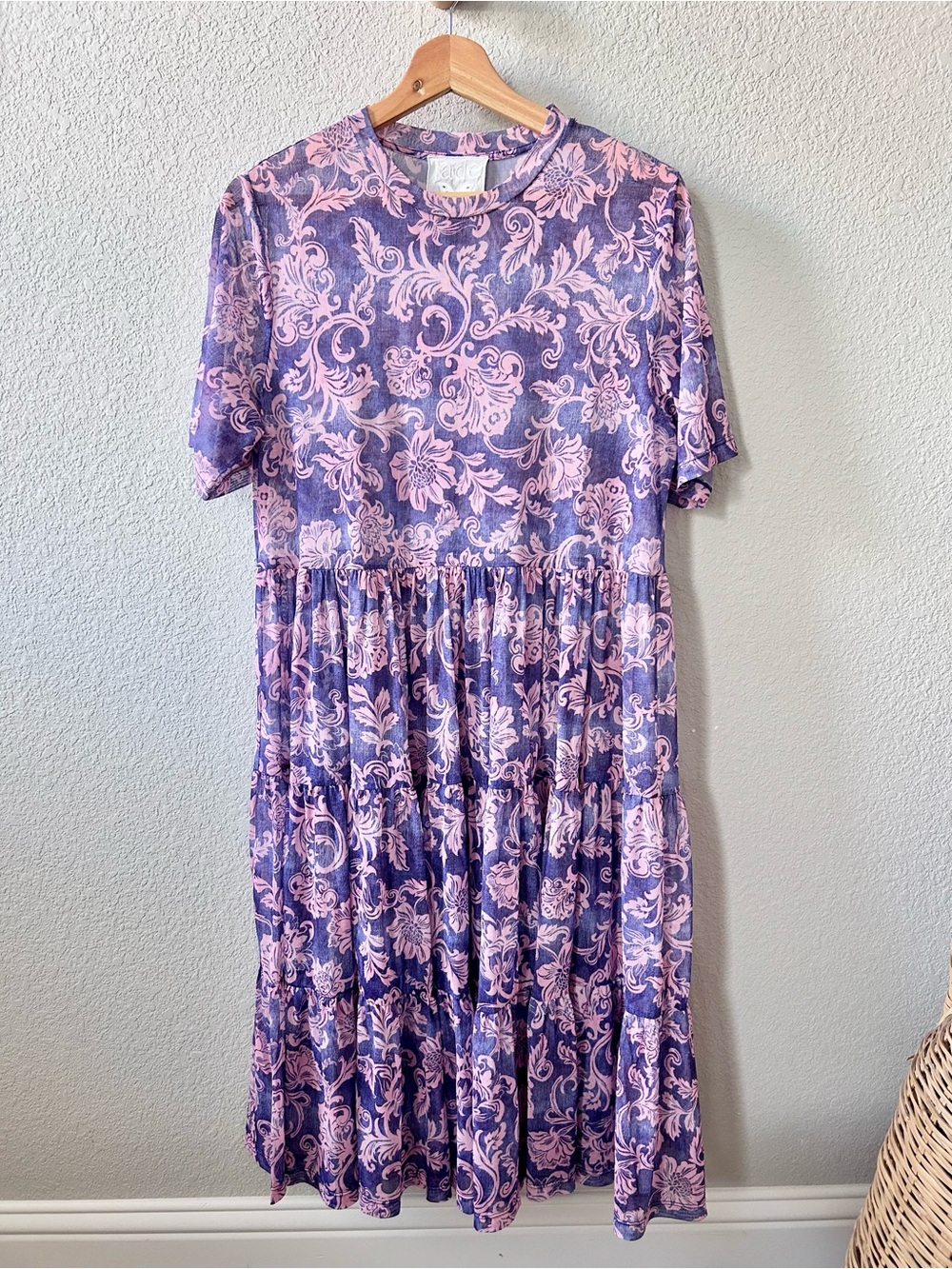 Jade Johnny Was Florentina Mesh Tiered Dress Size Large Purple Floral Print